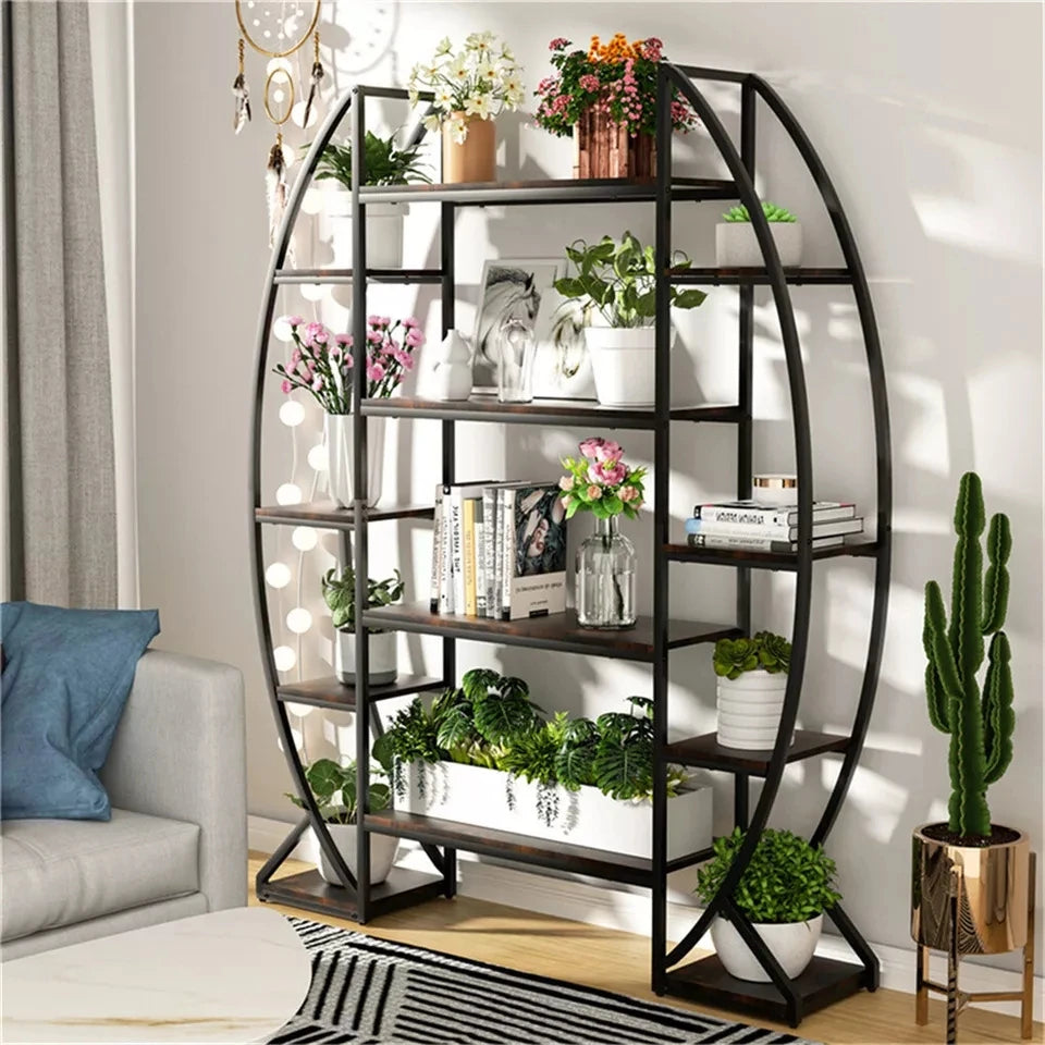Oval Bookshelf, Plant Stand 5 Tier Etagere Bookcase, Half-Moon Shaped Industrial Display Shelves for Living Room