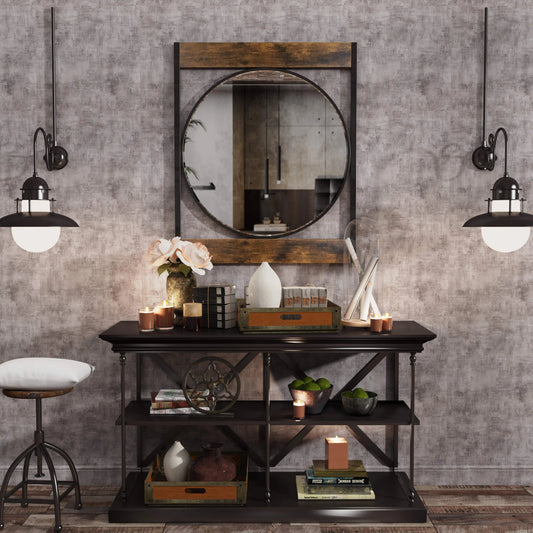 22.4'' Vintage Double Frame Round Wall Decorative Mirror with Square Wooden Frame Living Room, Bathroom Entryway Wall Decorate
