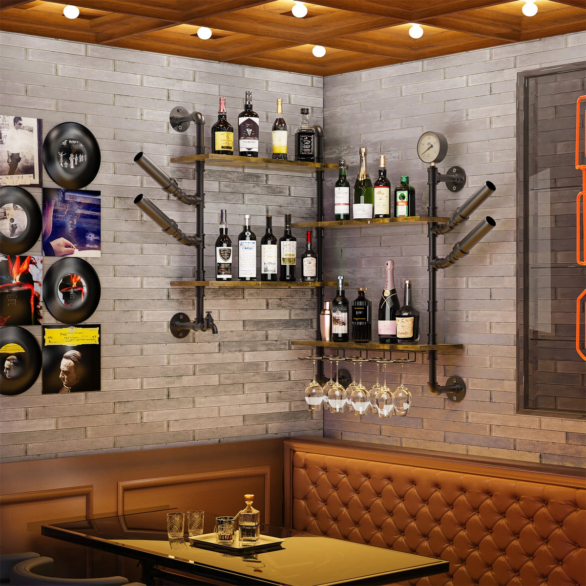 Pipe Bar Liquor Shelf, Floating Shelves with Wine Glass Holder, Wall Black Shelving Unit for Living Room and Kitchen