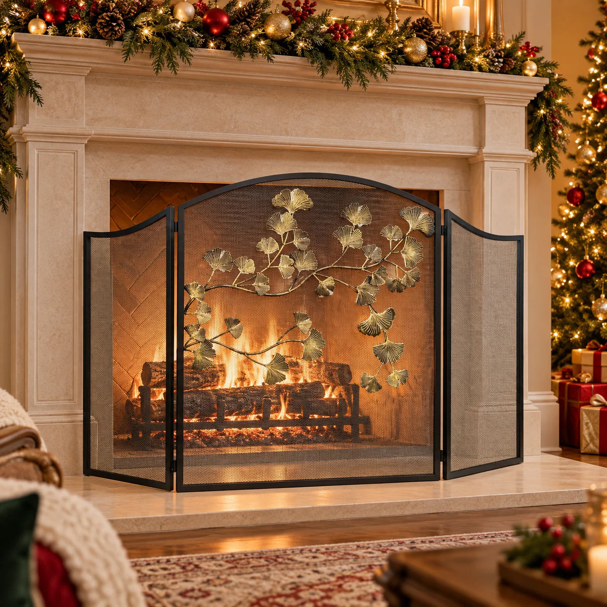 3 Panel Folding Fireplace Screen, Black Iron Mesh Spark Guard with Antique Bronze Ginkgo Leaves, Freestanding, No Assembly Required
