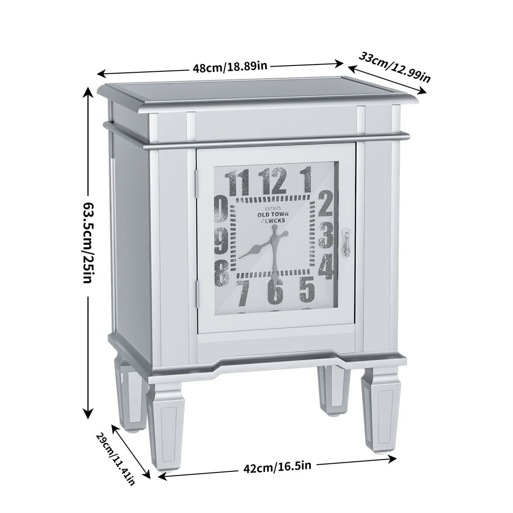 Mirrored End Table with Clock, Modern Sofa Side Table with Storage Door, Nightstand for Bedroom, Living Room and Home Decor