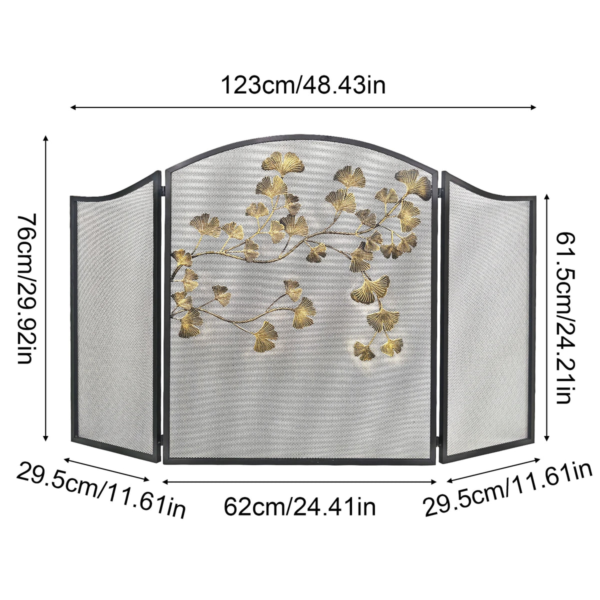 3 Panel Folding Fireplace Screen, Black Iron Mesh Spark Guard with Antique Bronze Ginkgo Leaves, Freestanding, No Assembly Required