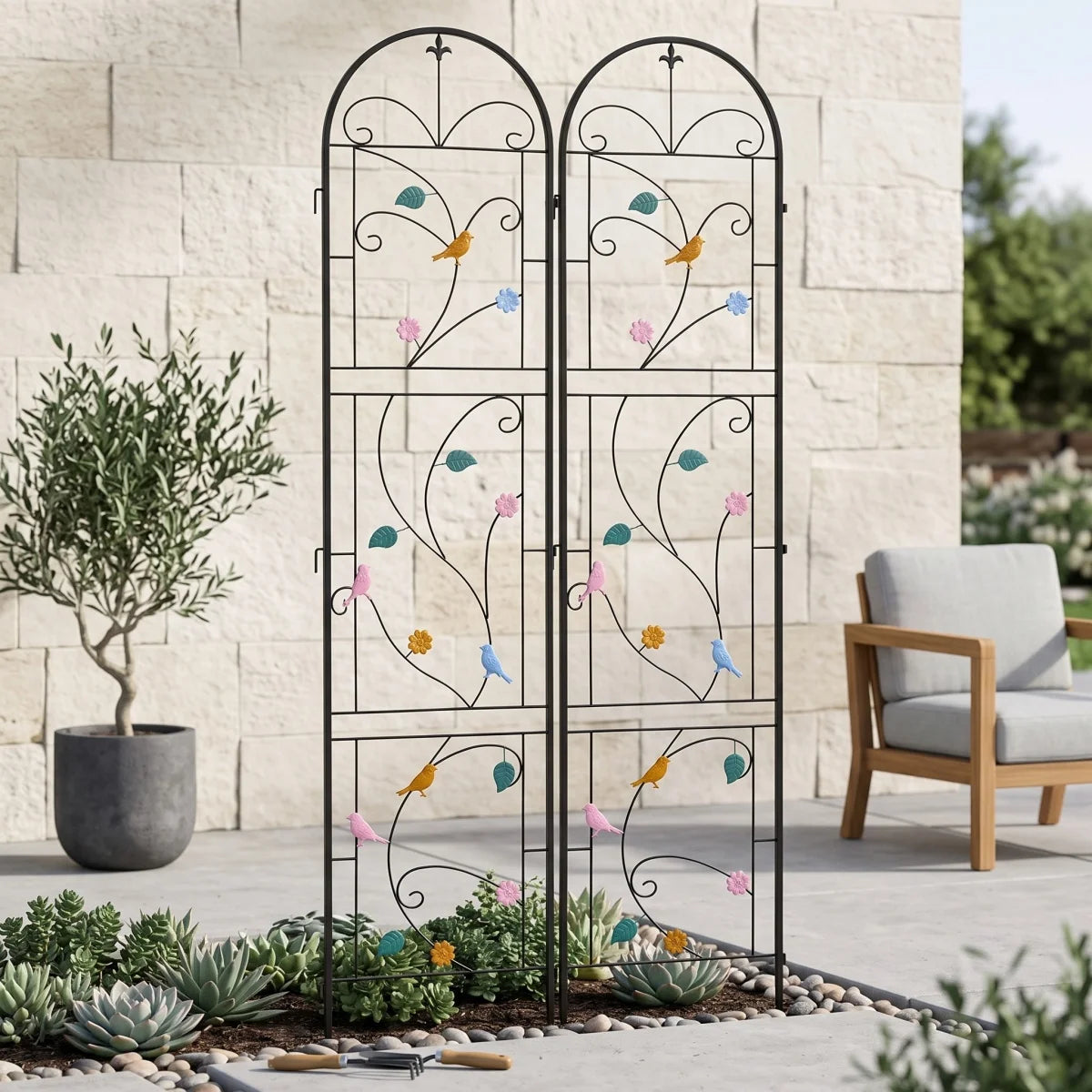 Metal Garden Trellis 2 Pack Tall Metal Garden Trellis Support Trellis Fence Decorated with Vibrant Birds Flowers for Climbing Plants, Landscaping Trellis for Outdoor Patio