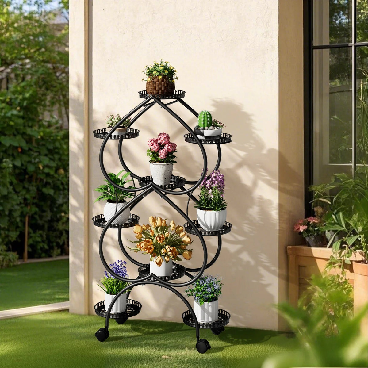 European 6 Tier Double-heart Plant Stand for In/Outdoor Black Iron Mobile Plants Display Holder for Living Room Balcony Garden