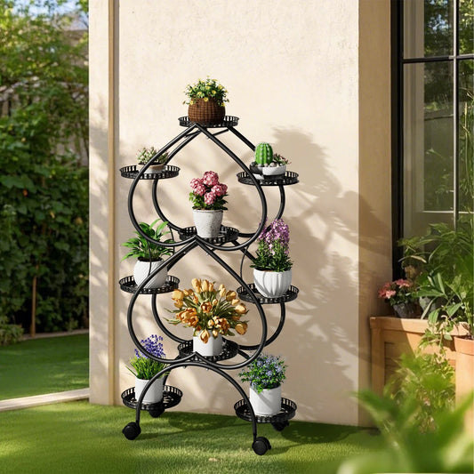European 6 Tier Double-heart Plant Stand for In/Outdoor Black Iron Mobile Plants Display Holder for Living Room Balcony Garden