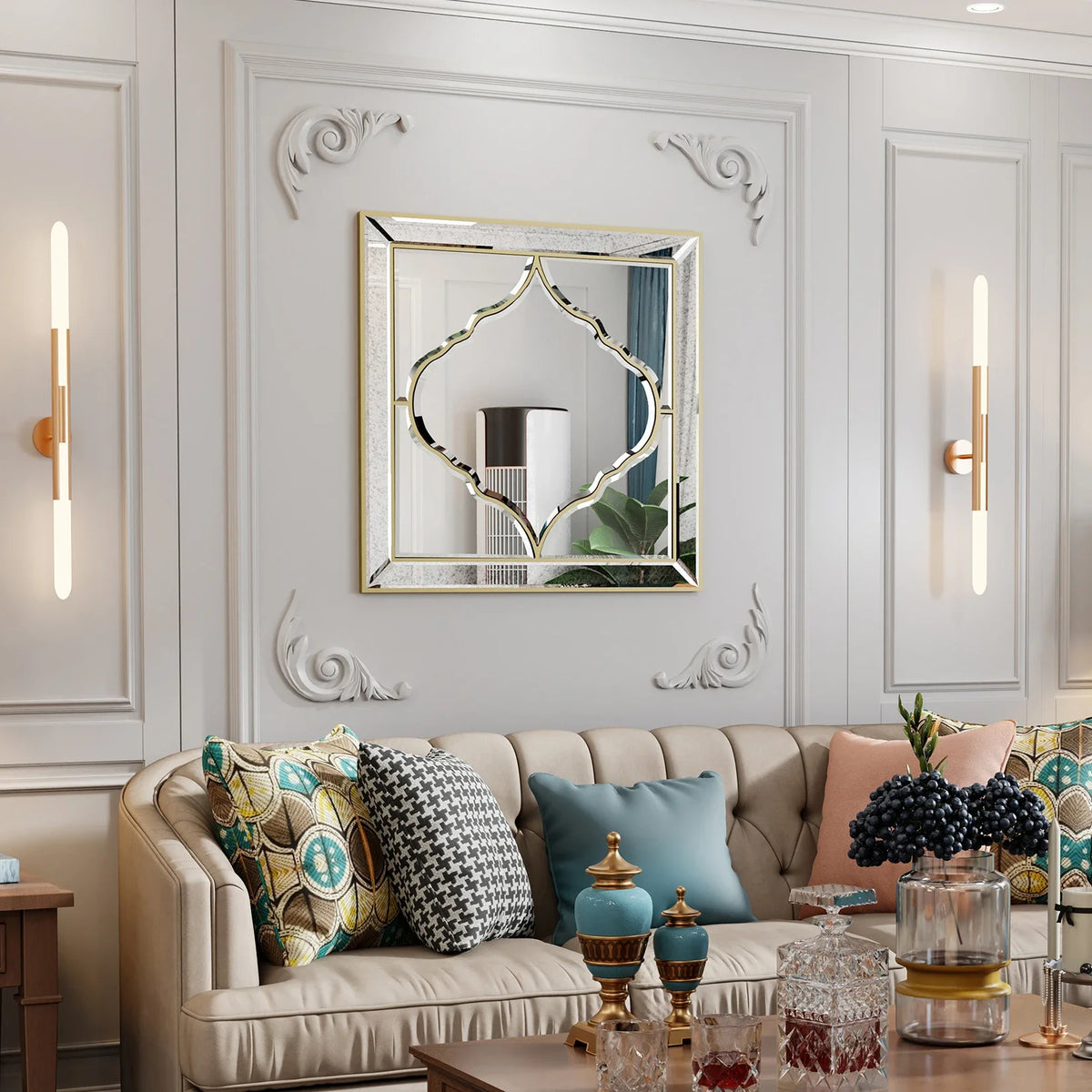 Wall Art Mirror: Elegant Square Wall Silver Glass Decorative Accent Mirror Golden Rim for Hallway, Mantle, Living Room Decoratin