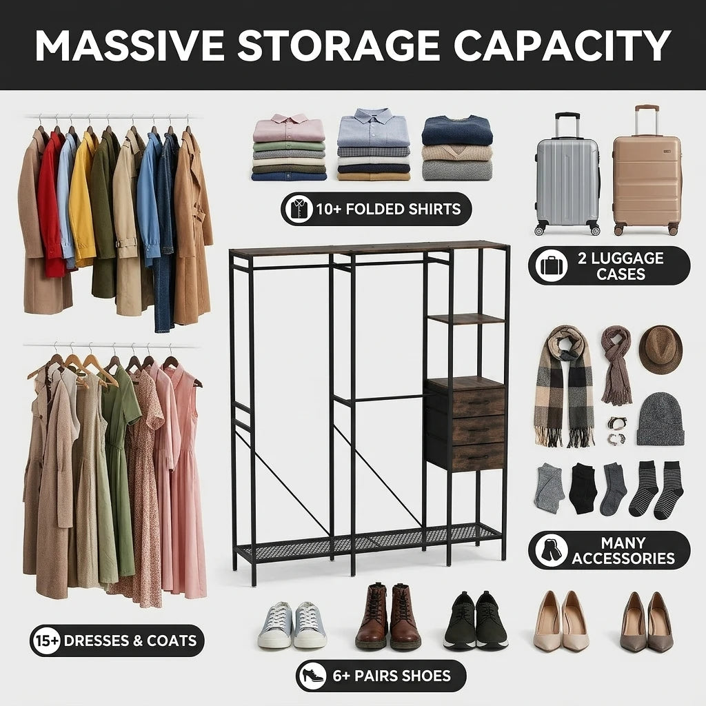 Freestanding Clothes Rack with 3 Fabric Drawers, Industrial Open Wardrobe Closet Organizer with Hanging Rails and Storage Shelves, Metal Frame, 59.5" Wide, Black and Rustic Brown