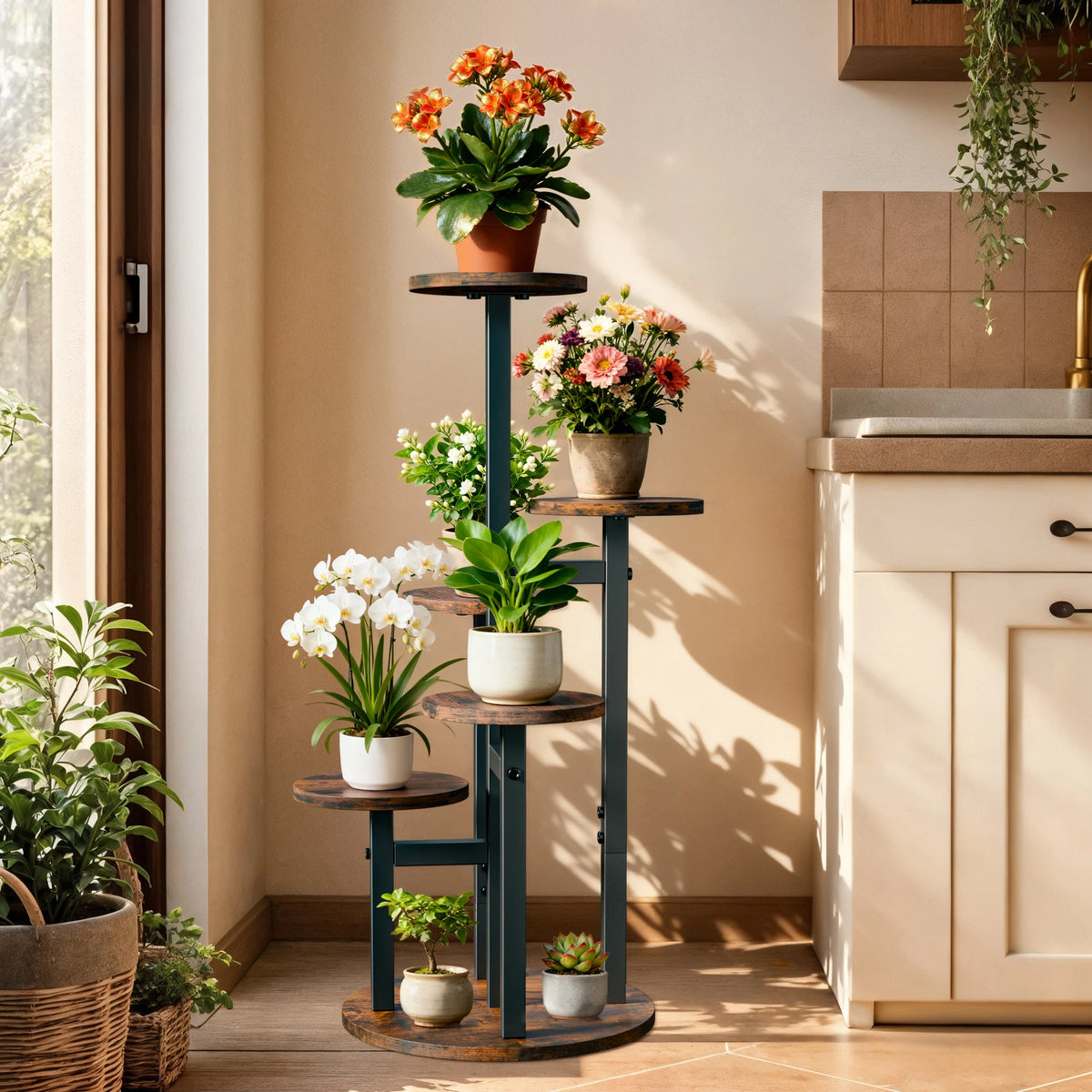 5-Tier Vertical Plant Stand, Space-Saving Flower Pot Display Shelf with Staggered Round Wood-Effect Shelves and Black Metal Frame