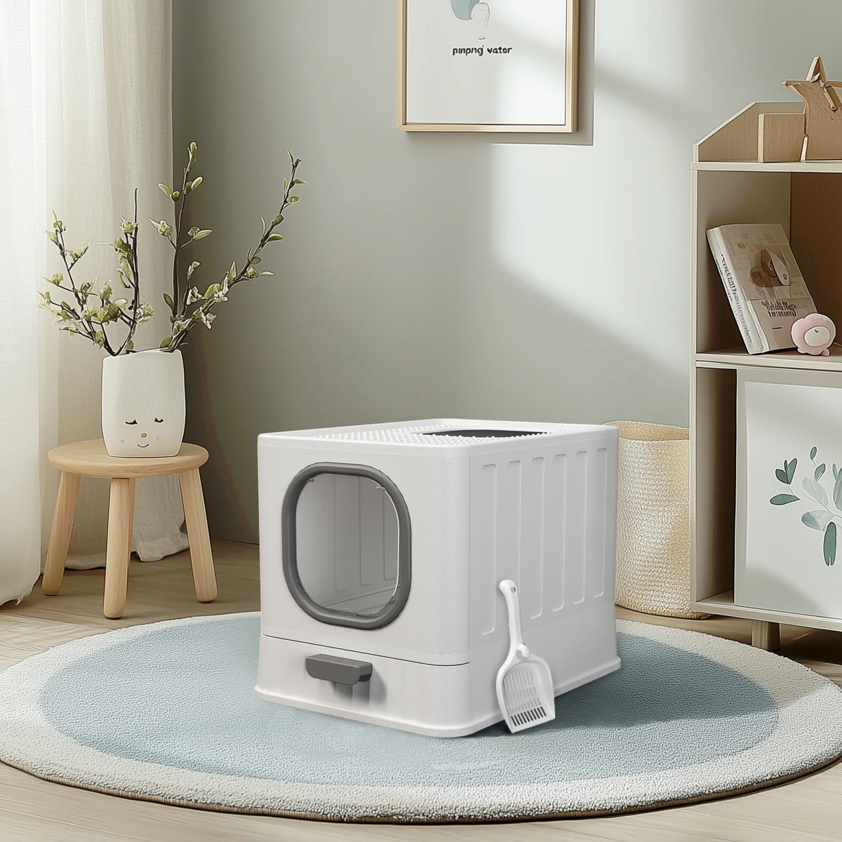 XL Cat Litter Box with Lid Enclosed Cat Potty Top Entry Anti-Splashing Cat Toilet Easy to Clean with Cat Litter Scoop